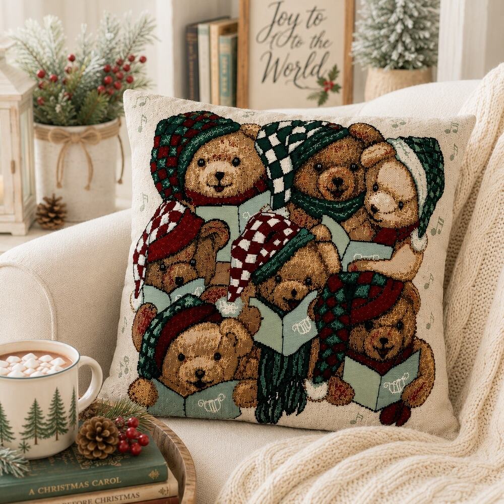 🧸🎵🎄Vintage Teddy Bear Choir Christmas Throw Pillow 15" Holiday Tapestry Decor